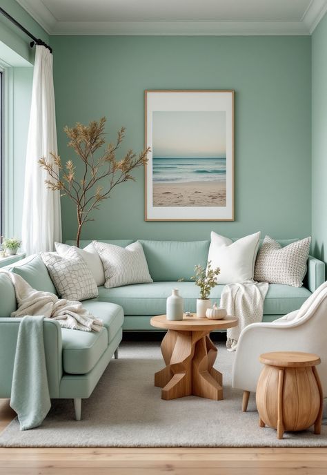 Coastal Living Room Seafoam Walls, Coastal Living Rooms Ideas, Coastal Living Room Ideas, Coastal Wedding Decor, Diy Coastal Decor, Coastal Kitchen Design, Plush Furniture, Farmhouse Style Living Room, Coastal Bathrooms