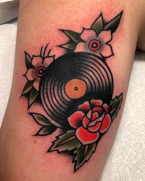 Record Traditional Tattoo, Vinyl Traditional Tattoo, Vinyl Record Tattoo Traditional, Traditional Vinyl Tattoo, Music American Traditional Tattoo, Traditional Record Tattoo, Mod Tattoo 60s, Vinyl Tatoos, American Traditional Disco Ball Tattoo