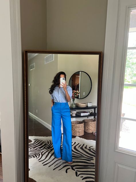 Blue Slacks Outfit, Blue Slacks, Straight Leg Denim Blue Pants With Buttons, Tailored Blue Work Pants, Blue Full-length Workwear Pants, Blue Button-up Work Pants, Blue Straight Leg Pants With Button Closure, Blue Pants Outfit, Slacks Outfit