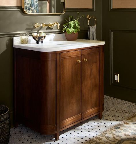 Bathroom Sinks & Vanities | Rejuvenation Vinnova Vanity, Craftsman Style Powder Room, French Vanity Bathroom, Traditional Half Bath, Bathroom Dark Vanity, Half Bath Vanity Ideas, Victorian Bathroom Vanity, Victorian Powder Room, Dark Wood Vanity Bathroom