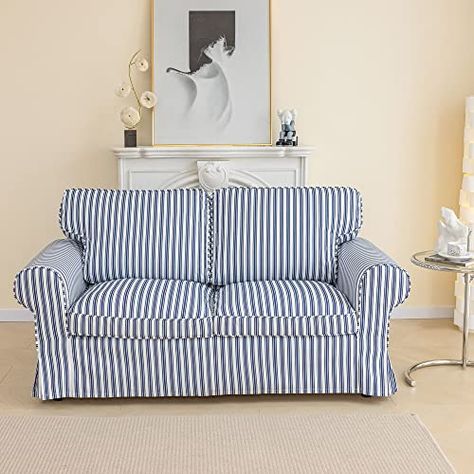 MASWOND Navy Blue Stripe Ektorp Loveseat Cover Replacement is Made Compatible with IKEA Ektorp 2 Seat Sofa, 5 Piece Couch Slipcover Front Porch Sunroom, Italy Bedroom, Old Town Apartment, Grand Millennial Home, Sofa Navy Blue, Screened Room, Striped Couch, Ektorp Sofa Cover, Ikea Ektorp Sofa