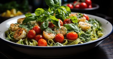 Basil Pesto Pasta With Grilled Shrimp Shrimp And Pesto, Gma Recipes, Salad With Shrimp, Basil Pesto Pasta, Sweet Potato Gratin, Pesto Spinach, Tamron Hall, Cooking Dishes, Rhubarb Recipes