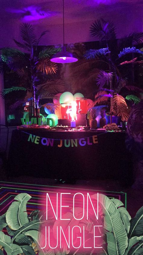 Neon Jungle blacklight Party Neon Jungle Aesthetic Party, Jungle Nightclub, Neon Jungle Theme Party, Neon Dinosaur Party, Neon Jungle Party Decorations, Neon Jungle Party Outfit, Disco Jungle Party, Ibiza Themed Party Ideas, Neon Jungle Aesthetic