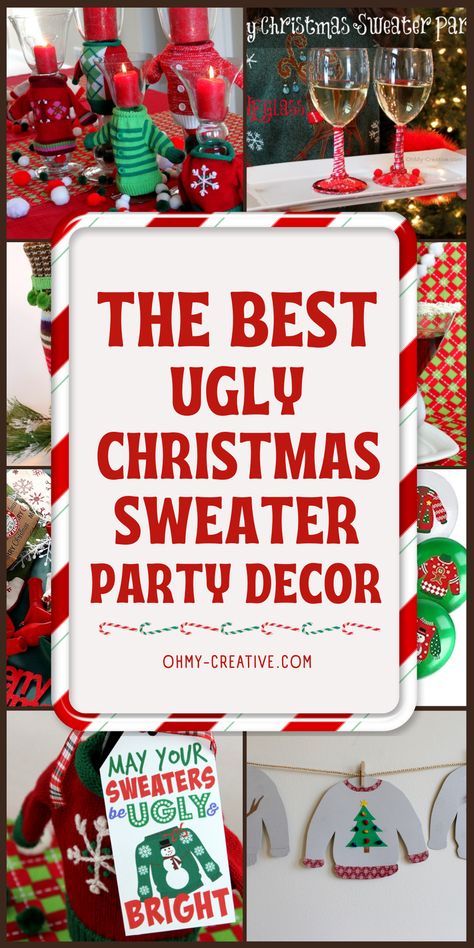 An Ugly Christmas Sweater Party is all about embracing the fun, quirky, and sometimes tacky side of the holiday season. It’s the perfect opportunity to let loose and celebrate with friends in a lighthearted atmosphere filled with bright colors, clashing patterns, and over-the-top festive decoration. Glittery snowflakes, and candy-cane-shaped decorations will add a pop to the overall look. With the right blend, your ugly Christmas sweater party will be a hit! #UglyChristmasSweater #ChristmasDecor Ugly Sweater Decorations, Ugly Christmas Sweater Party Ideas Decor, Ugly Sweater Christmas Party Decorations, Ugly Sweater Photo Booth, Crazy Christmas Party, Ugly Christmas Sweater Party Decorations, Ugly Sweater Party Decorations, Ugly Christmas Sweater Awards, Crazy Christmas Sweaters