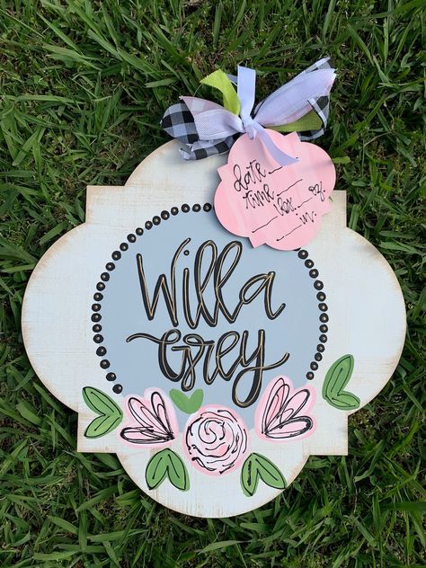 Girl Nursery Name Sign, Hospital Door Hanger Girl, Newborn Name Sign, Hospital Door Hanger, Birth Stats Sign, Hospital Door Hangers, Hanger Ideas, Baby Door Hangers, Hospital Door