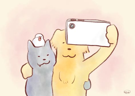 Selfie of dog, cat, java sparrow Selfie Illustration, Selfie Drawing, Java Sparrow, Taking Selfie, Lovely Illustrations, Cat Illustrations, Patreon Logo, Cats Illustration, They Live