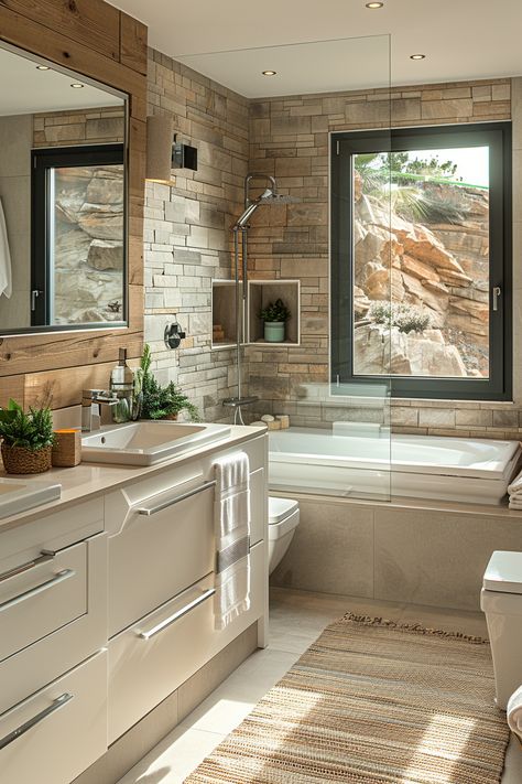 Warm Natural Modern Bathroom: Step into a serene haven where light stone tiles and a large mirror reflecting tranquillity set the tone. A white countertop, adorned with greenery, complements the inviting bathtub with a glass screen by the window view. Recessed lights highlight this seamless blend of contemporary style and nature. Discover passive house living by NOVASPACE PROMOciones. Embrace sustainable elegance today! Modern Natural Bathroom, White Countertop, Recessed Lights, Mediterranean Style Home, Natural Bathroom, Light Highlights, Luxury Bathrooms, Passive House, White Countertops