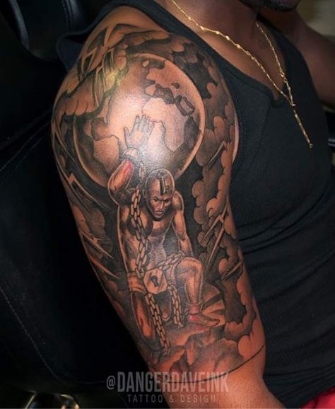 Half Upper Sleeve Tattoo Men, World On My Shoulder Tattoo, Zaya Tattoo, Upper Arm Tattoo Men Black, African Tattoo Ideas For Men Forearm, Hood Shoulder Tattoo Men, Men Tattoo Shoulder Ideas, Shoulder Piece Tattoos Men, Upper Half Sleeve Tattoos For Men