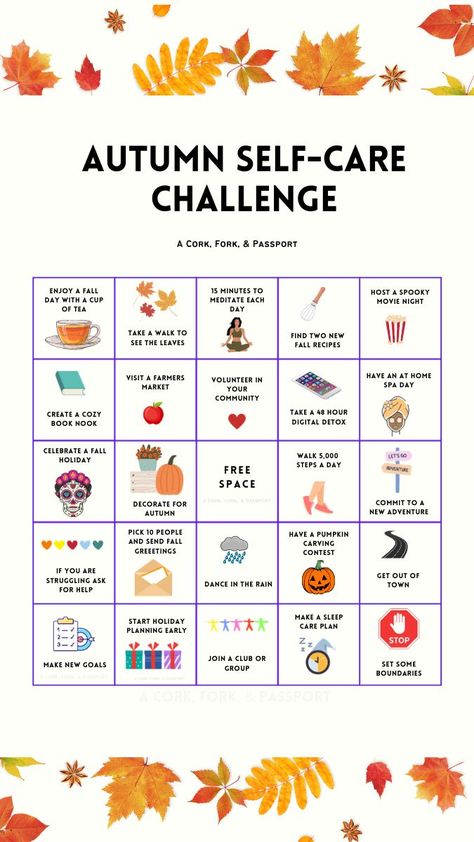 Fall Self-Care Challenge | A Cork, Fork, & Passport ® Fall Fitness Challenge Ideas, October Wellness Challenge, Fall Challenge Ideas, November Self Care Calendar, May Self Care Challenge, October Self Care, September List, Fall Selfcare, Autumn Self Care