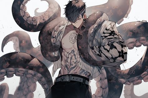 Tentacle Oc Male, Tentacles Drawing, Octopus Man, Anime Elements, Hybrid Art, Animated Man, Character Design Male, Cool Anime Pictures, Ethereal Art