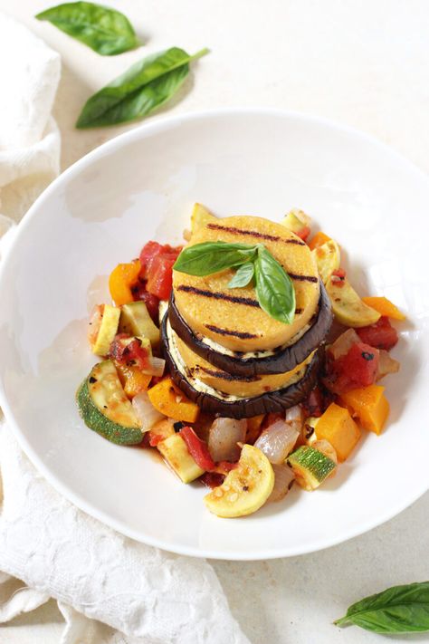 Ratatouille Polenta Stacks Polenta Stacks, Grilled Polenta, Dinner Vegetarian, Food Experiments, Polenta Recipes, Italian Dinner Recipes, Gluten Free Soy Sauce, Vegan Entree, Meatless Dinner