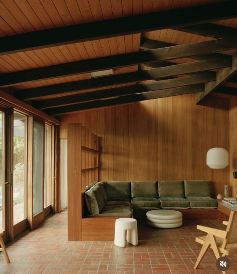 70s California, Dark Ceiling, Hunky Dory, California Modern, Custom Coffee Table, Ski Chalet, Brick Flooring, A Living Room, Mid Century House