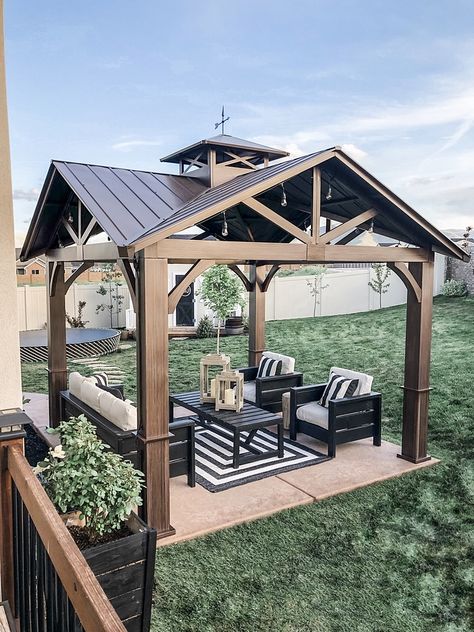 Metal Gazebo In our backyard we have created a few fun areas The first one is our sitting area under our metal gazebo Metal Gazebo #MetalGazebo Backyard Sitting Areas, Metal Gazebo, Gazebo Ideas, Outdoor Sitting Area, Backyard Seating, Backyard Gazebo, Backyard Remodel, Outdoor Gazebos, Patio Gazebo