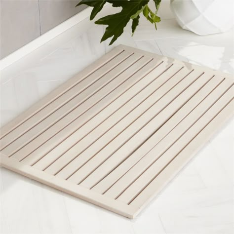 Shop Lateral Teak White Wash Bath Mat 21.75"x32". Slatted, white washed teak bath mat lays spa vibes at the foot of the tub or shower. CB2 exclusive. Modern Tudor Cottage, Cute Bathroom Mats, Teak Bath Mat, Bathroom Mat Ideas, Black Bath Rug, Wood Bath Mats, Teak Bathmat, Textile Photography, Wooden Bathmat