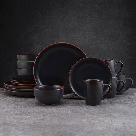 16 Piece Dinnerware Set, Service for 4, Black Black Dinnerware Set, Blue Dinnerware Sets, Black Dinnerware, Blue Dinnerware, Dining Ware, Mug Crafts, Black Glaze, Boho Kitchen, Casual Dinner