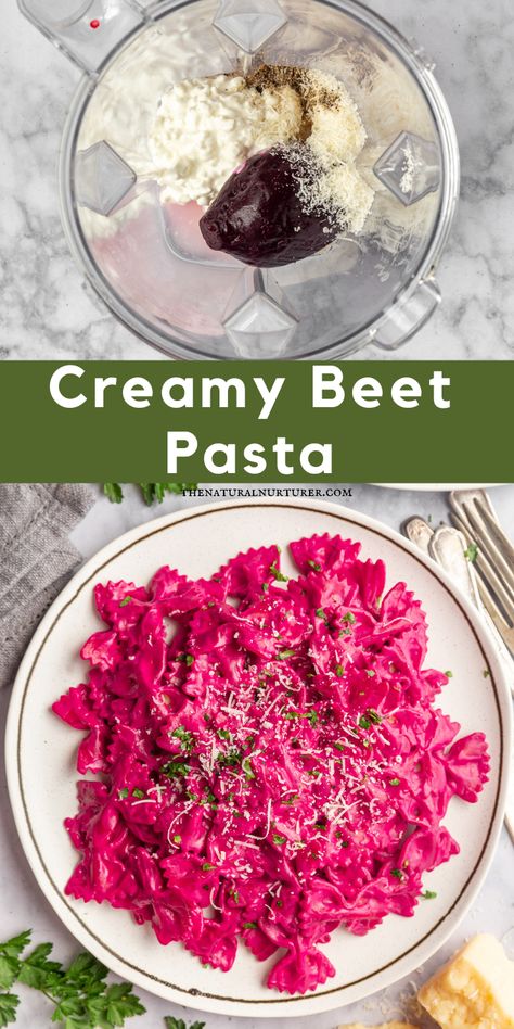 This Creamy Beet Pasta is delicious, beautiful, and comes together in just 15 minutes when you use precooked beets. #veggieloaded Beet Feta Pasta, Beet And Feta Pasta, Cooking With Beets, Beet Ricotta Pasta, Beets And Cottage Cheese, Beet Pasta Sauce Recipe, Beet And Goat Cheese Pasta, Vegan Beet Pasta, Beets Pasta Sauce