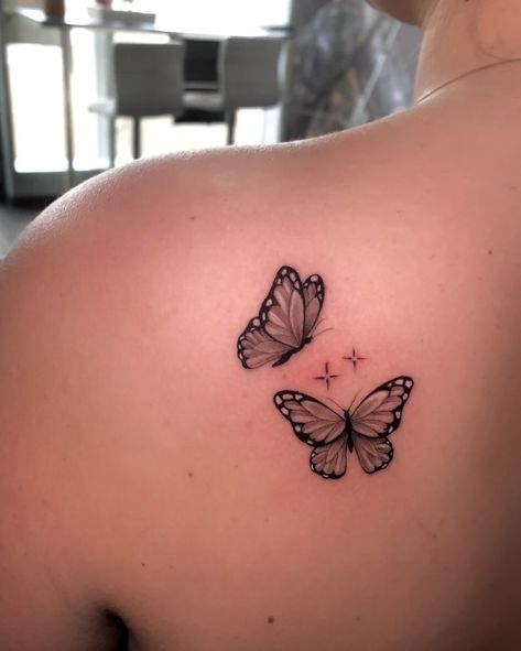 Butterfly On Scar Tattoo, Back Shoulder Butterfly Tattoo For Women, Butterfly Back Shoulder Tattoo, Butterfly Tattoo On Back Shoulder, Butterfly On Shoulder Tattoo, Butterfly Tattoo With Sparkles, Butterfly Tattoo Over Scar, Butterfly Tattoo Back Shoulder, Butterfly Sparkle Tattoo