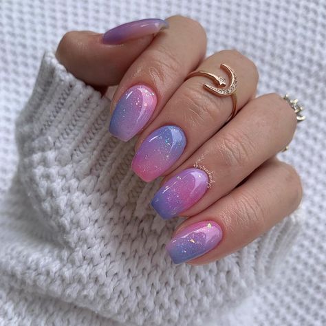 Pink And Blue Ombre Nails, Purple Ombre Nails, Cotton Candy Nails, Blue Ombre Nails, Moon Nails, Blue Nail Designs, Colorful Nail Designs, Dip Powder Nails, Dipped Nails