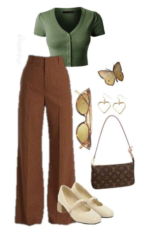 Green Palette Outfit, Earth Colour Outfit, Earthy Business Casual, Olive Green Outfit Ideas, Business Cottagecore, Earthtone Outfits, Green And Brown Outfit, Earth Tone Outfits, Cottagecore Clothes