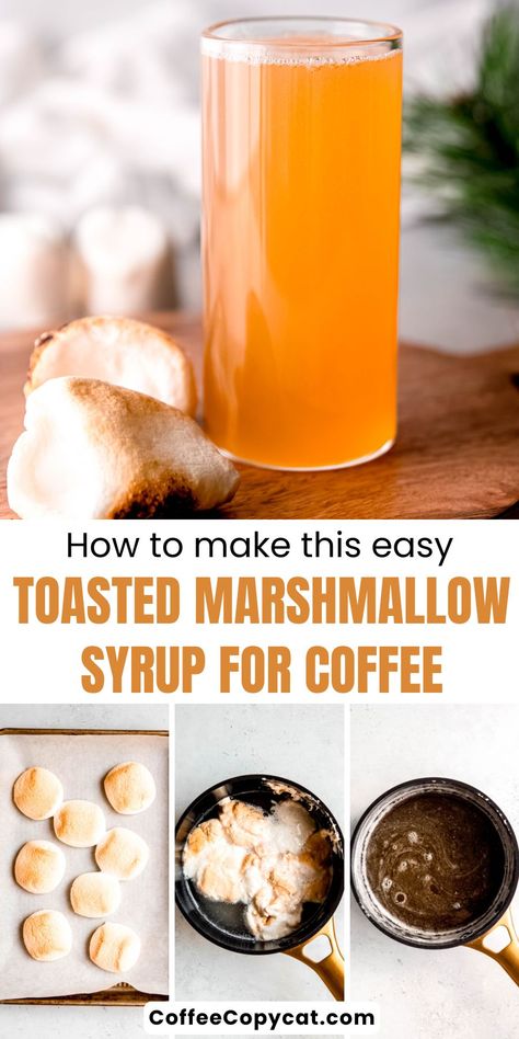 Toasted Marshmallow Syrup - coffeecopycat.com Smores Syrup Recipe, Marshmallow Syrup Coffee, Toasted Marshmallow Hot Chocolate, Marshmallow Syrup Recipe, Mocha Syrup Recipe, Toasted Marshmallow Syrup, Marshmallow Syrup, Winter Snacks, Coffee Syrups