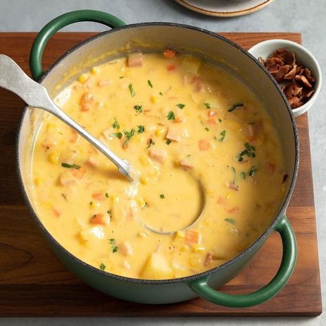 This ham chowder recipe is chock-full of ham, bacon, potatoes and cheese—all ingredients we love on their own, but even more so together. A warm bowl will warm you up from the inside, out! Ham Cheddar Soup, Ham And Cheddar Soup, Ham And Noodle Soup, Ham Chowder Soup, Soup Recipes With Ham, Cheesy Ham Potato Soup, Potato Ham Chowder, Ham And Potato Chowder, Ham Chowder Recipe