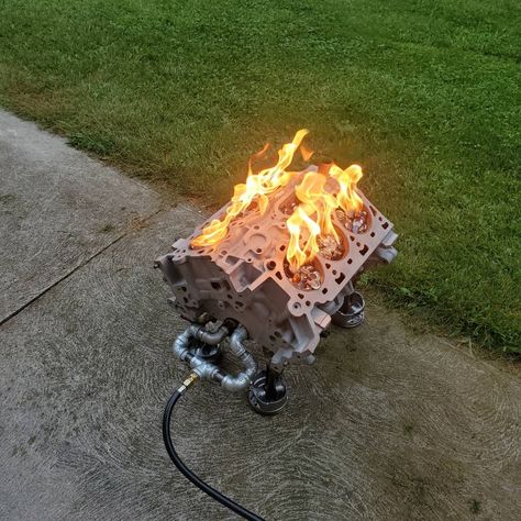 Engine Block Ideas, Engine Block Table, Block Fire Pit, Dream House Outside, Fire Pit Propane, Grill Pit, Car Parts Furniture, Propane Fire Table, Recycle Items