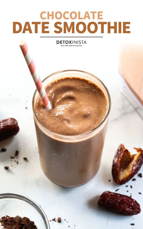 This Date Smoothie has a rich chocolate flavor and tastes like a milkshake! It's a delicious way to sneak more nutrients into your day. Date Protein Smoothie, Chocolate Date Smoothie, Gaps Desserts, Cocoa Smoothie, Date Smoothie Recipes, Labor Prep, Chocolate Protein Smoothie, Chocolate Smoothie Recipes, Date Smoothie