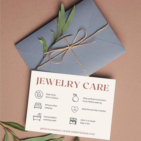 Jewelry Care Instructions Card, Jewelry Care Card Template, Jewellery Thank You Card, Jewellery Packing Ideas For Business, Jewelry Packaging Ideas Branding, Jewelry Care Tips Card, Handmade Jewelry Branding, Jewelry Store Names Ideas, Bracelet Packaging Ideas