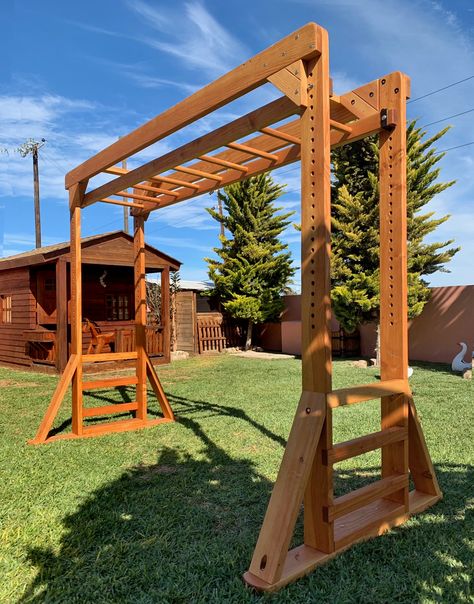 Sheldon's Monkey Bar Set | Forever Redwood Diy Monkey Bars Backyards, Diy Monkey Bars And Swings, Monkey Bars For Backyard, Diy Rock Climbing Wall Monkey Bars, Diy Monkey Bars, Outdoor Monkey Bars Jungle Gym, Ennis House, Backyard Obstacle Course, Monkey Bar