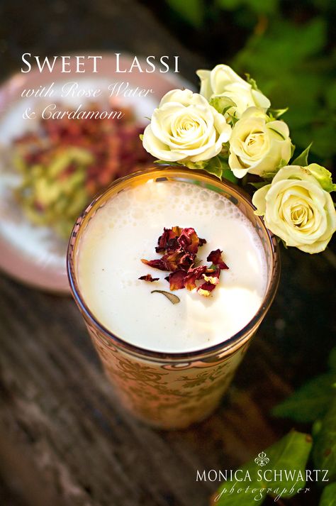 Rose Water Drink, Rose Water Cocktails, Cardamom Recipes, Sweet Lassi, Cardamom Recipe, Mango Lassi Recipes, Rose Drink, Lassi Recipes, Yogurt Drinks