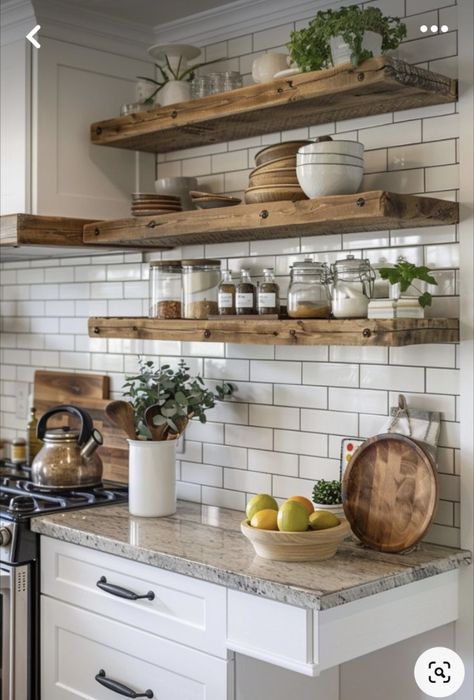 Rental Kitchen Inspiration, Mobile Home Updates, Shelving In Kitchen, Kitchen Floating Shelves, Backsplash For Kitchen, Kitchen Shelf Decor, Rental Kitchen, Home Extension, Farmhouse Kitchen Island