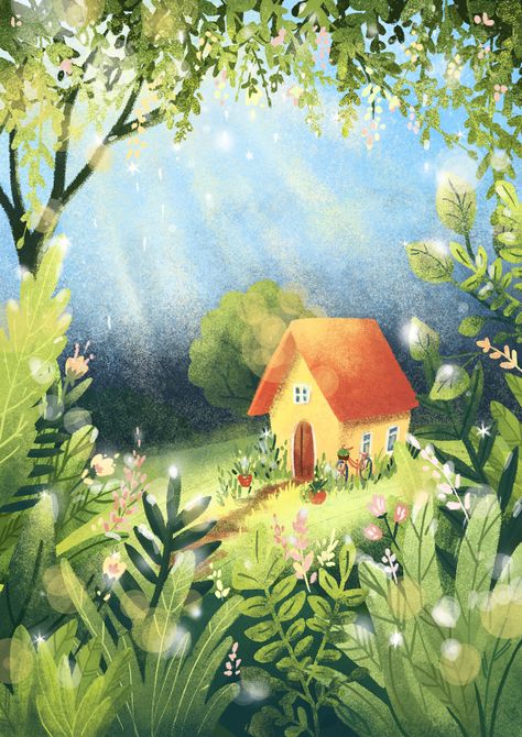 Rain Illustration, Spring Illustration, Rain Art, Garden Illustration, Autumn Illustration, Book Cover Illustration, Spring Rain, Magical Garden, Nature Art Painting