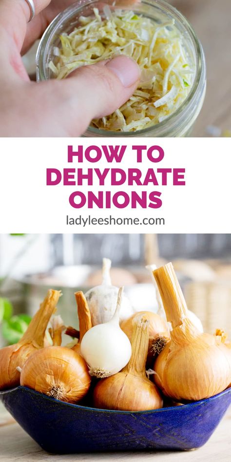 Dehydrating onions is a great way to preserve them for long-term storage at room temperature. Dehydrated onions are a great ingredient to have on the shelf and are very easy to add to many different dishes. Preserving Onions, Dehydrating Onions, Dehydrate Onions, Homemade Onion Powder, Preserve Onions, Dehydrating Food Storage, Growing Onions, Dehydrated Vegetables, Dehydrated Onions