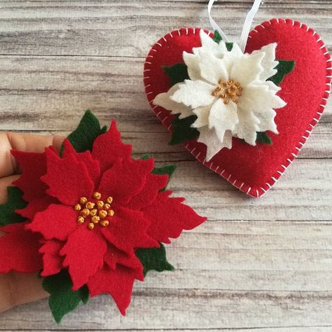 Updates from DusiCrafts on Etsy Felt Poinsettia, Heart Christmas Ornaments, Felt Crafts Christmas, Felt Crafts Diy, Felt Christmas Decorations, Christmas Hearts, Red Ornaments, Christmas Placemats, Felt Decorations