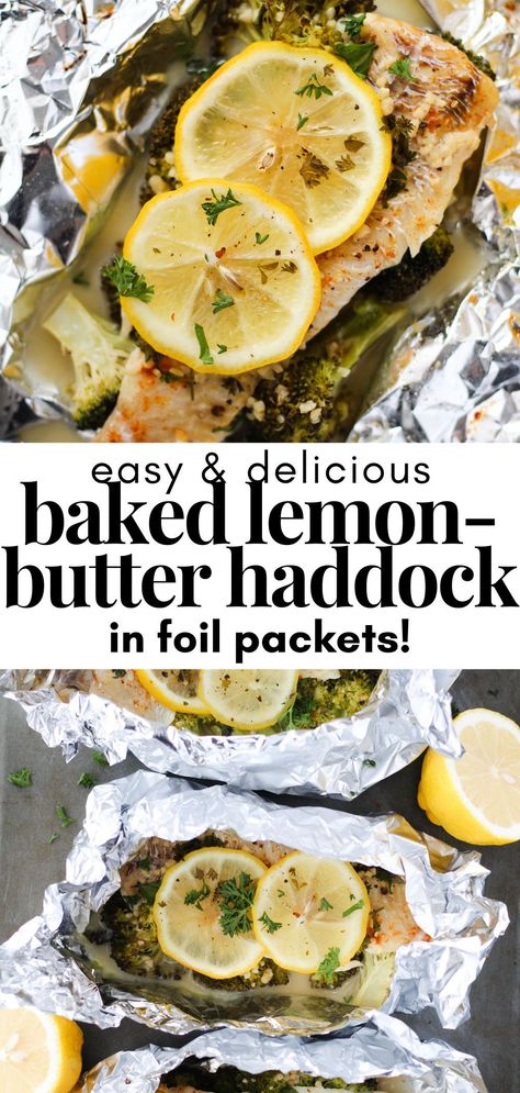 Baked in foil is my favourite way to cook haddock! The baked white fish emerges from the foil packet flaky and tender every time. And my homemade lemon-butter sauce is the perfect seasoning! Cook the haddock together in the foil with broccoli, and serve with roasted potatoes for a balanced and healthy meal. #bakedhaddock #fishinfoil #foilpackets #foilpacketfish #healthydinner #easymeals #healthymeals #fishrecipes #haddockrecipes Baked Fish Recipes Healthy Foil Packets, Healthy Haddock Recipes Baked Fish, Fish Pockets Foil Packets, Grilled Fish In Foil Packets, Baking Fish In Foil, White Fish Foil Packets For The Oven, Aluminum Foil Fish Recipes, Haddock On The Grill Foil Packets, Frozen Haddock Recipes Baked