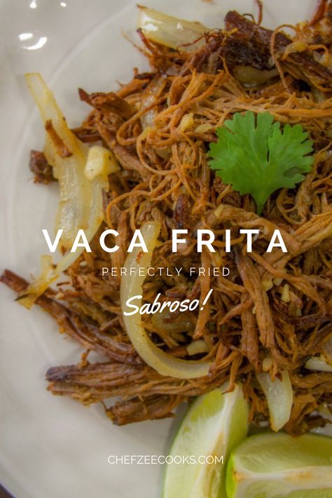 Vaca Frita is a Cuban Recipe for Fried Shredded Beef that's very similar to Ropa Vieja. In fact, the only difference between the two is that one is stewed in a delicious tomato sauce while the other is lightly fried. Give this traditional Cuban Recipe a try and it will not disappoint! #CubanRecipes #HispanicFood Carne Frita Puerto Rico Recipe, Vaca Frita Recipe, Cuban Frita Burger, Ropa Vieja Recipe Cuban, Frita Cuban Burger, Dominican Food, Fried Beef, Shredded Beef, Hispanic Food