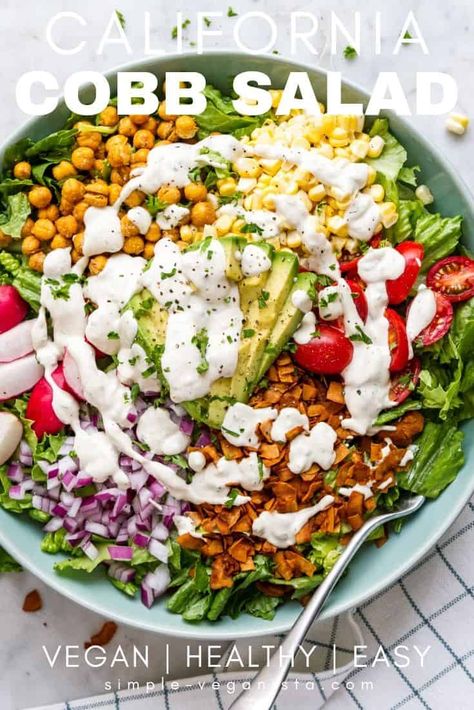 Salad Cream Recipe, Vegan Cobb Salad, Colorful Salad Recipes, Best Vegan Salads, Cobb Salad Recipe, Salad Cream, Coconut Bacon, Vegan Ranch, Salad Healthy