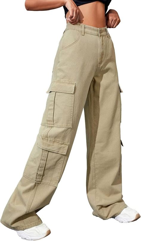 Cargo Pants Women Baggy, High Waisted Baggy Jeans, Baggy Jeans For Women, Y2k Trousers, Trousers For Girls, High Waisted Cargo Pants, Wide Leg Denim Jeans, Sweatpants With Pockets, Casual Cargo Pants