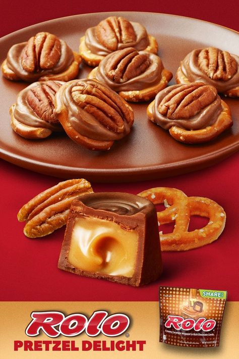 Pretzels Rolos And Pecans, Pecan Rolo Pretzel Recipe, Rollo Candy Recipes, Pretzel Rollo Treats, Rolo Candy Recipes, Rolo Pretzels Christmas, Pretzel Rolo M&m, Pretzels With Rolos, Rollo Pretzel Treats