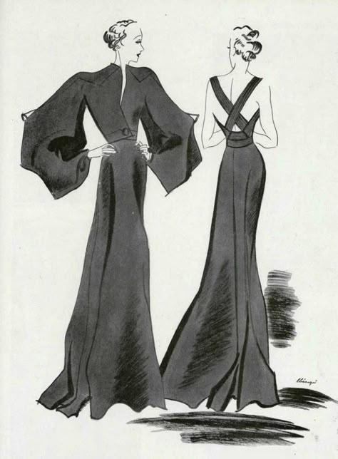 Wide Sleeve Pattern, Vintage Fashion 1930s, Fashion Illustration Vintage, Jeanne Lanvin, 30s Fashion, 1930s Fashion, Fashion Art Illustration, 1940s Fashion, Fashion Tips For Women