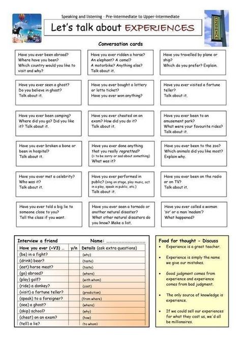 These are fun conversation cards about experiences. Have your students pick a card, read out the questions and answer them. Speaking Topics, Speaking Activities English, Esl Grammar, English Teaching Materials, Teaching English Online, Conversation Topics, Conversation Cards, Speaking Activities, Conversational English