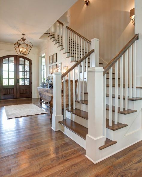 Dream House Farmhouse, Foyer With Stairs, Foyer Stairs, Entryway Stairs, White Staircase, Foyer Staircase, Wood Staircase, Little Rock Arkansas, Painted Stairs