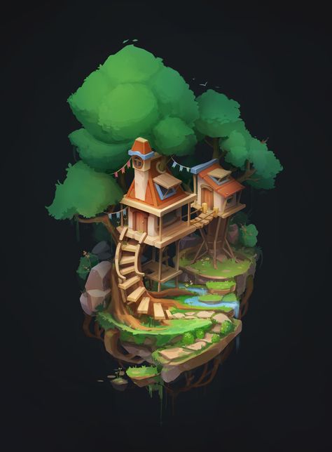 House Tree, House Cartoon, Landscaping Inspiration, 2d Game Art, Casual Art, Isometric Art, Low Poly Art, House Illustration, Game Concept Art