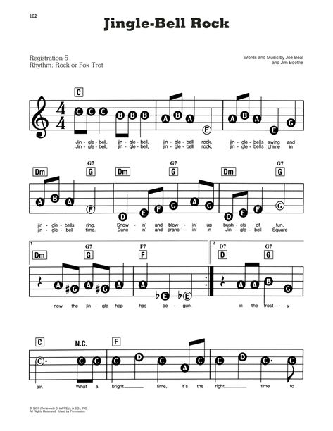 Jingle Bell Rock Sheet Music | Bobby Helms | E-Z Play Today Easy Piano Songs Sheet Music, Rock Sheet Music, Jingle Bells Sheet Music, Christmas Piano Sheet Music, Disney Sheet Music, Song Sheet Music, Sheet Music With Letters, Piano Music Easy, Trumpet Sheet Music