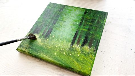 Green Mini Paintings, Green Acrylic Painting Ideas, Forest Painting Acrylic, Acrylic Painting On Black Canvas, Green Forest Painting, Painting On Black Canvas, Forest Acrylic Painting, Dreamy Forest, On Black Canvas