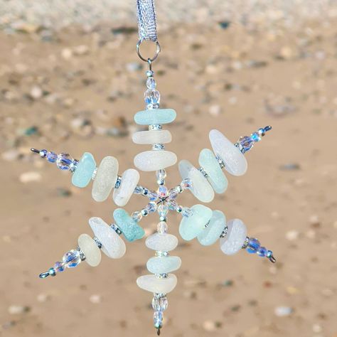 Seaglass Snowflake, Snowflakes Christmas Tree, Beach Finds, Glass Collection, Sea Glass, Tree Decorations, Christmas Tree Decorations, United Kingdom, Diy Projects