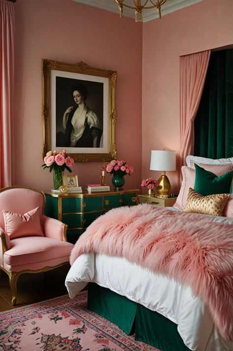 Emerald Green And Cheetah Bedroom, Emerald Headboard Bedroom, Interior Design Emerald Green, Maximalist Decor Bedroom Pink, Pink Dark Green Bedroom, Pink Hollywood Regency Bedroom, Dark Green And Pink Bedroom Ideas, Colorful Glam Bedroom, Pink And Green Maximalist Bedroom