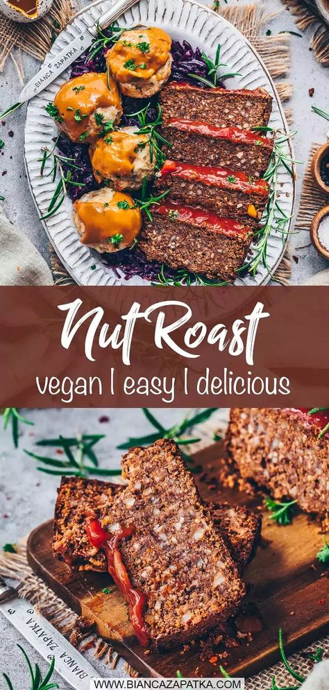 In this recipe, I'll show you how to make a delicious nut roast with beans that will not only delight vegans but also non-vegans. This meatless roast is perfect for the festive holiday season! #roast #vegan #nuts #beans #christmas #thanksgiving #veganrecipes #vegetarian #recipes #food #vegan #meatless | biancazapatka.com Nut Roast Recipe Vegan, Vegan Nut Roast Christmas, Vegan Nut Roast Recipe, Nut Loaf Recipe Vegetarian, Vegan Christmas Roast, Vegetarian Xmas, Nut Roast Recipe, Vegetarian Nut Roast, Vegan Nut Roast