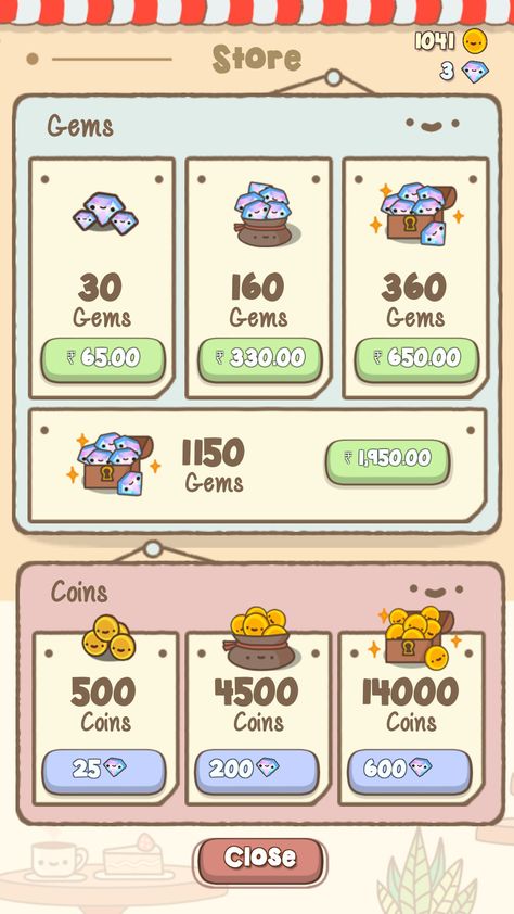 Game diamond and coins store.  (Game:Clawbert) Mobile Game Ui, App Store Games, Coin Store, Game Gui, Gui Design, 2d Game Art, Game Interface, Game Ui Design, Cute Games