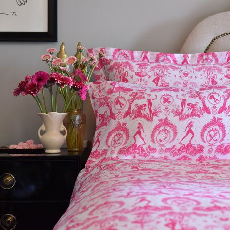 Preppy Comforter Sets, Hot Pink Bedroom Accents, Hot Pink Sheets, Bedding 2023, Gold Gallery Wall, Pink Interiors, Pastoral Landscape, Toile Print, Toile Pattern